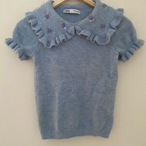 Zara Light Blue Ruffled Collar Short Sleeve Sweater